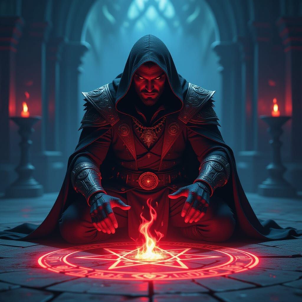 Powerful Warlock Summons Demon in Hyperrealistic Splash Art