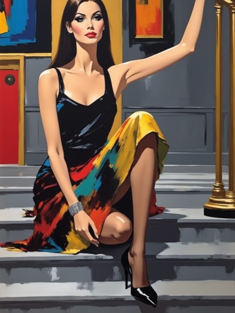 Abstract Expressionist Woman Posing on Opera House Stairs