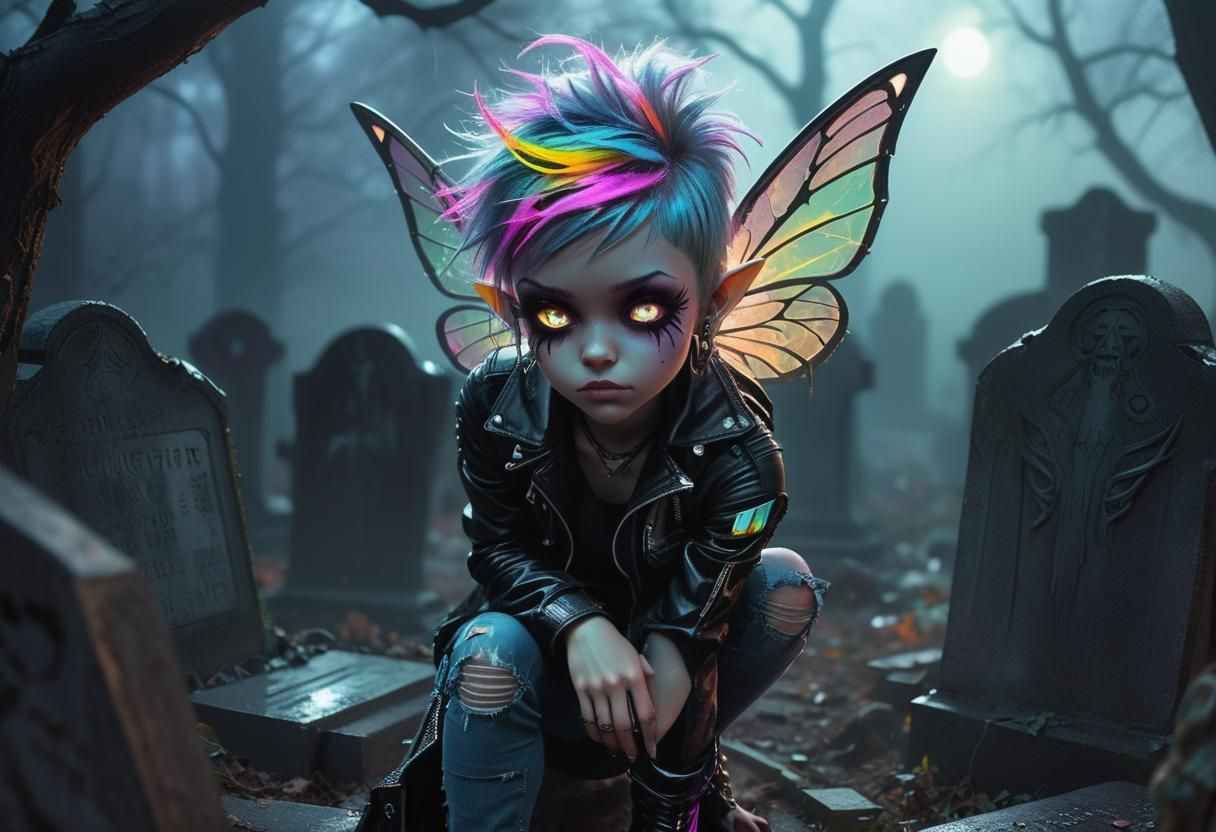 Cyberpunk Fairy Punk Rocker in Graveyard