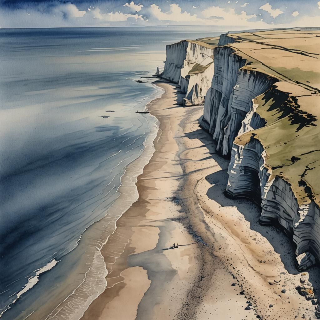 Beachy Head Sussex in Dark Blue and Beige Watercolor