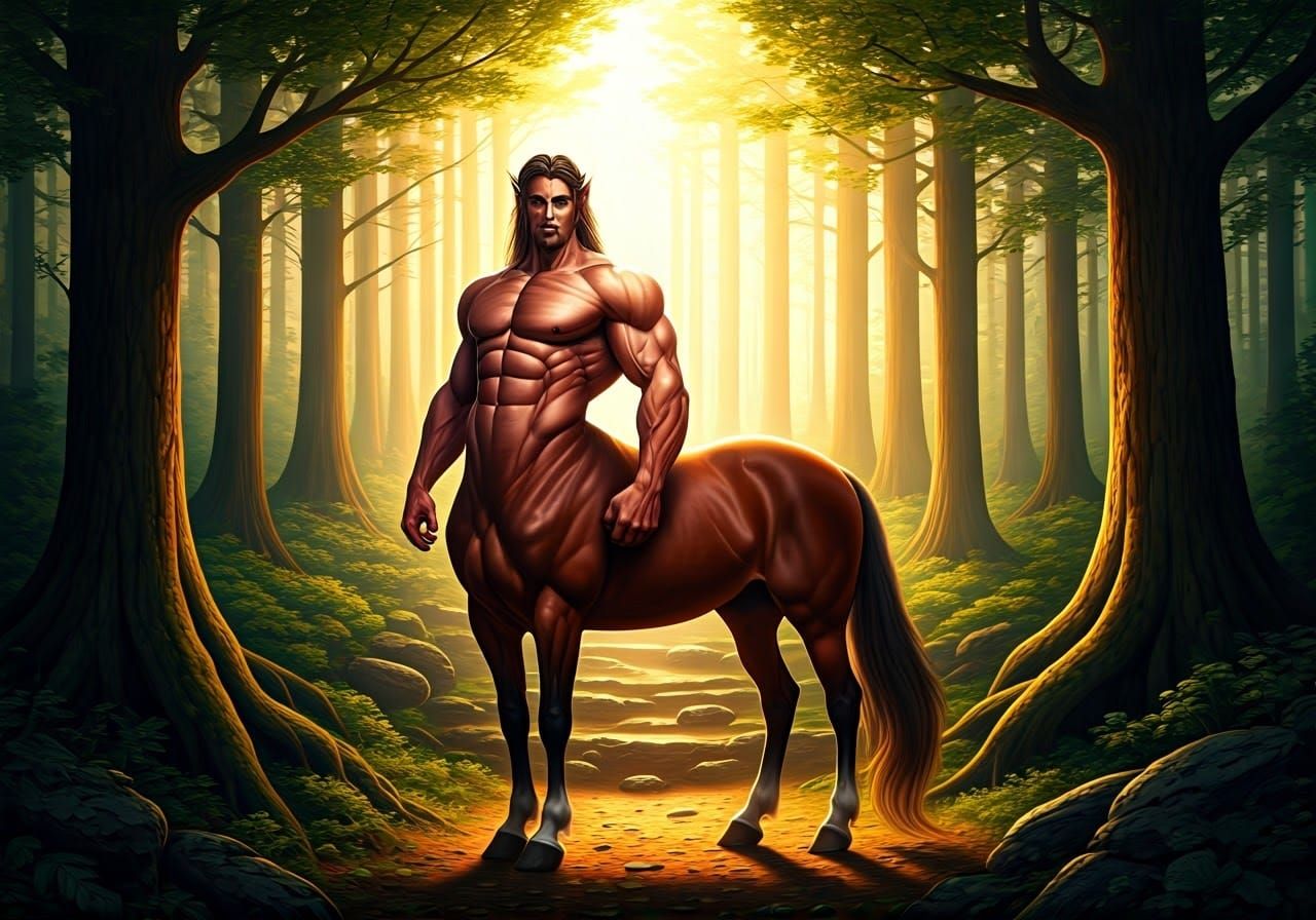 A majestic centaur stands in a sun-dappled forest clearing, its muscular torso and horse body gleaming in rich chestnut ...