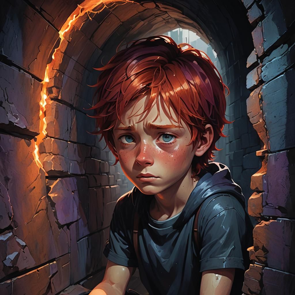 Crying Boy in Dark Tunnel: Fantasy Concept Art