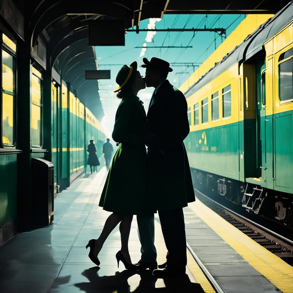 Romantic Train Station Farewell in 1940s Noir