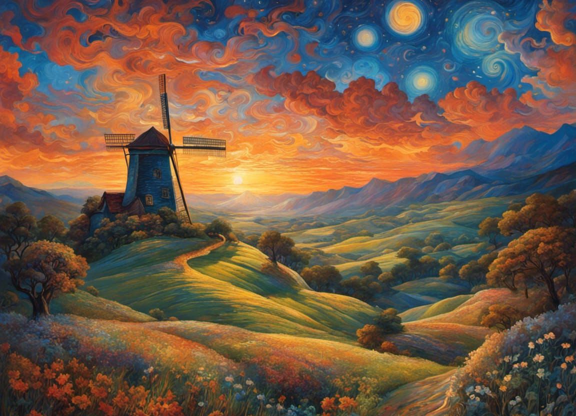Whimsical Windmills Under Starry Night Sky