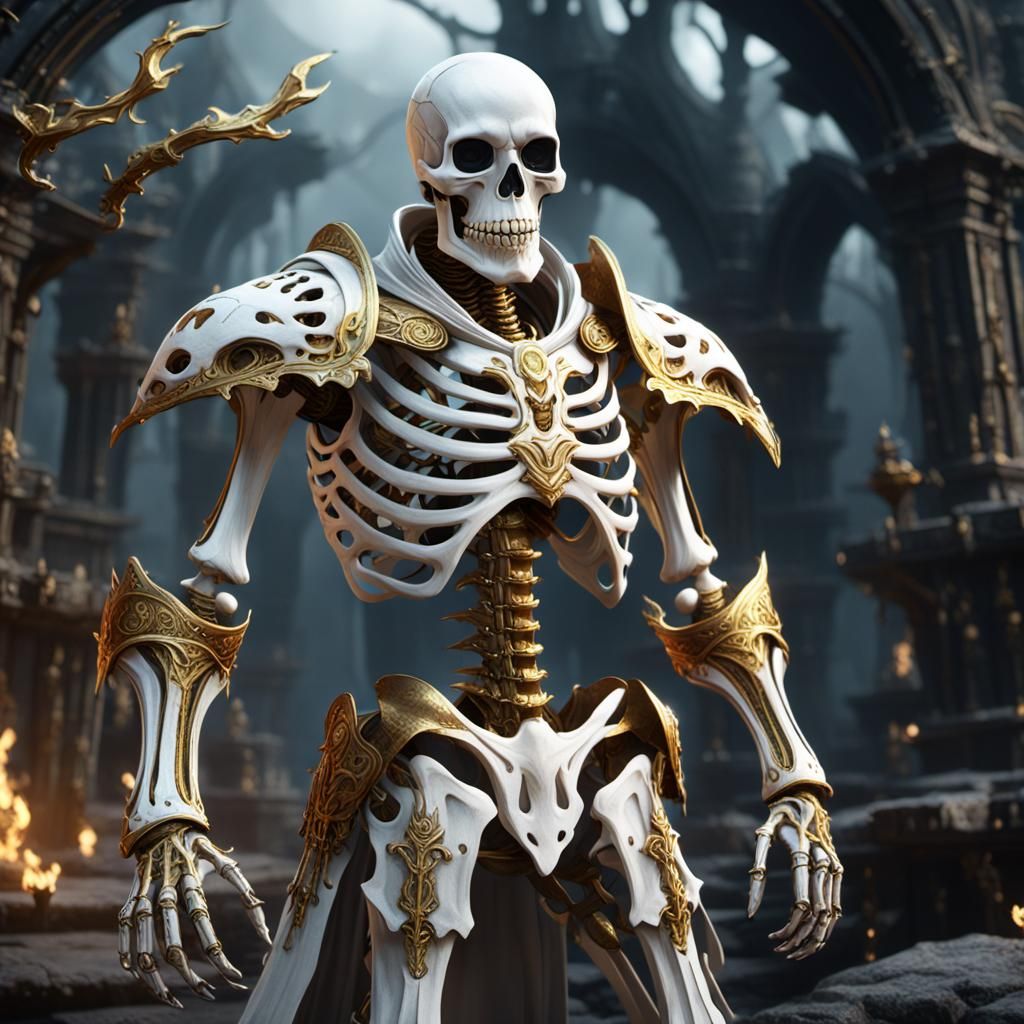 Ghostly Skeleton Warrior in Gold: Detailed Matte Painting