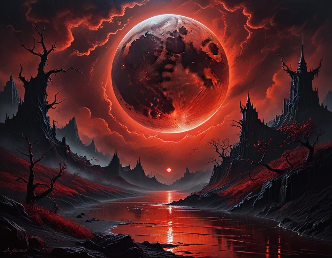 Crimson Blood Moon Over Ethereal Red Mist Nightscape