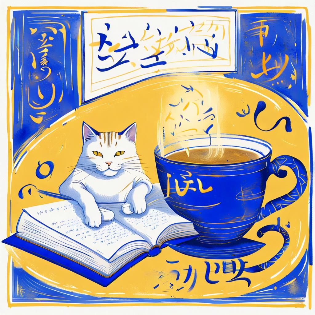 Abstract Drawing of Tea, Book, and Cat in Caligrafiturism St...