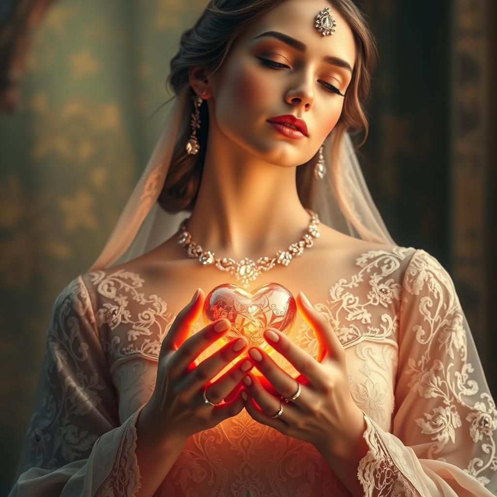 Woman Offering Radiant Heart in Art Nouveau Style