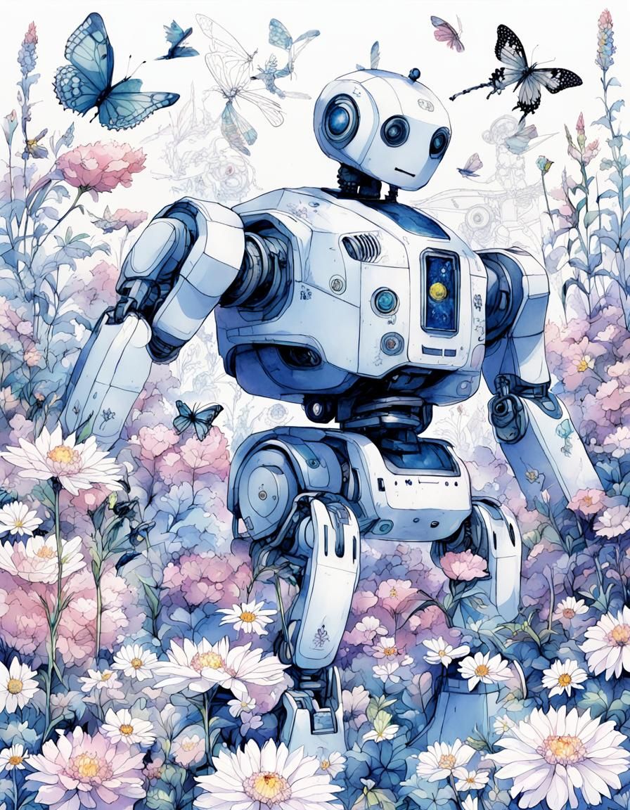 Botanical Robot with Birds and Butterflies