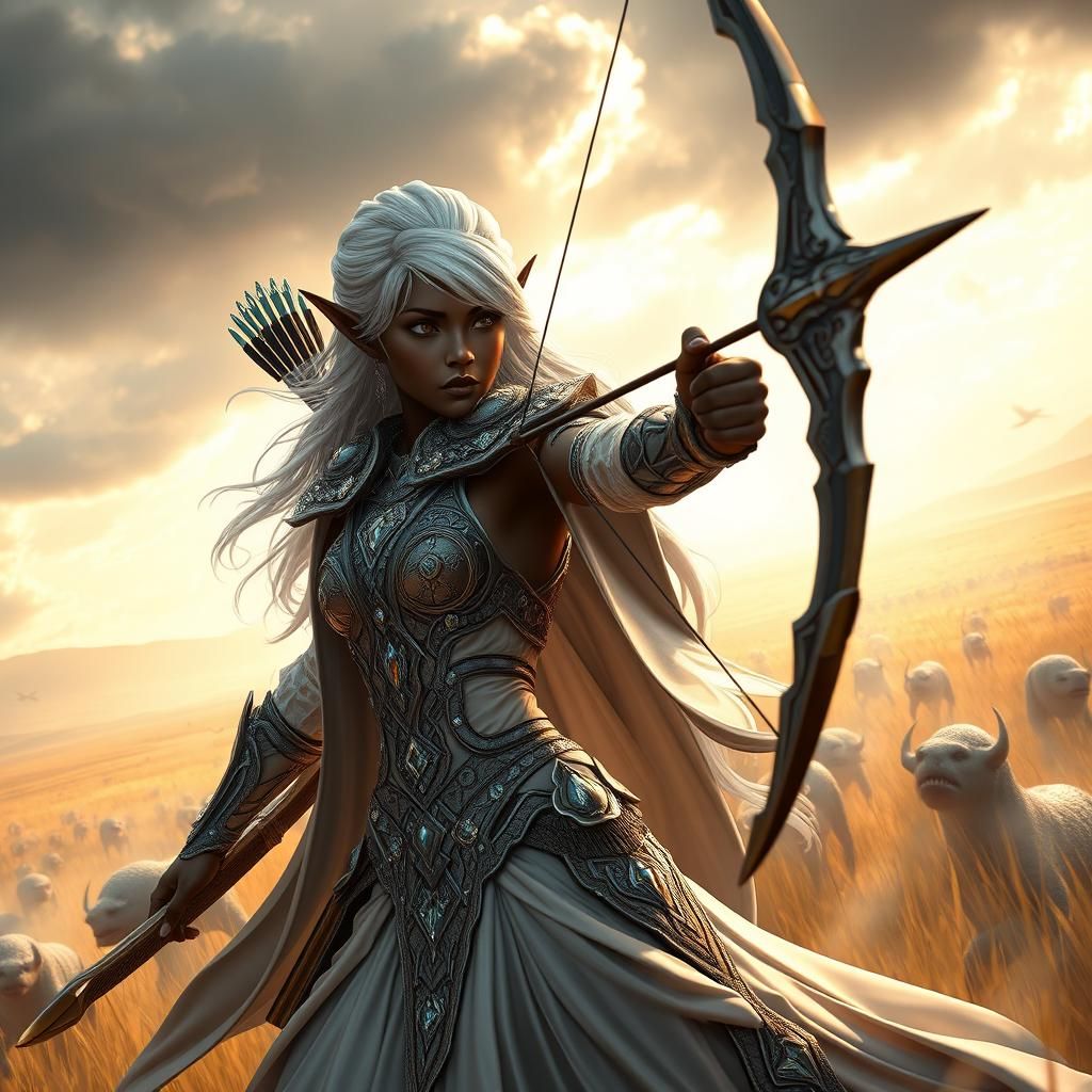 Silver hair jamaican elvin female archer. Diamond laced dress. Hunting white orcs in the plains By artist "anime", 3d an...