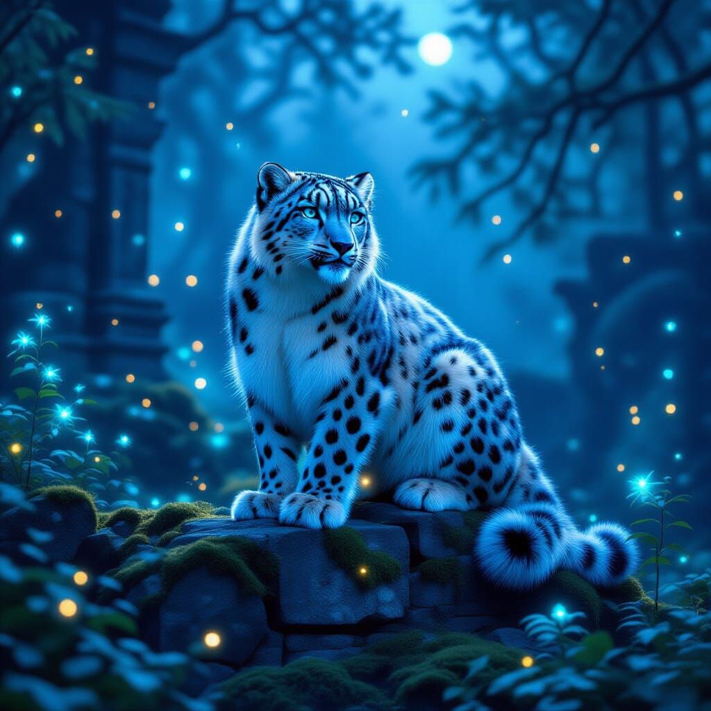 Majestic Snow Leopard in Bioluminescent Forest