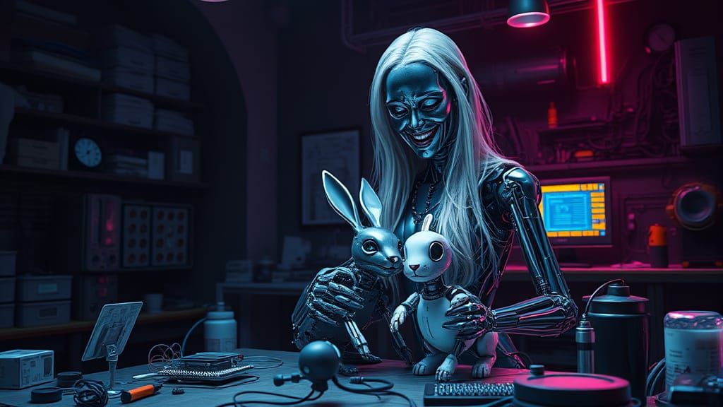 Smiling Female Terminator in Cyberpunk Laboratory