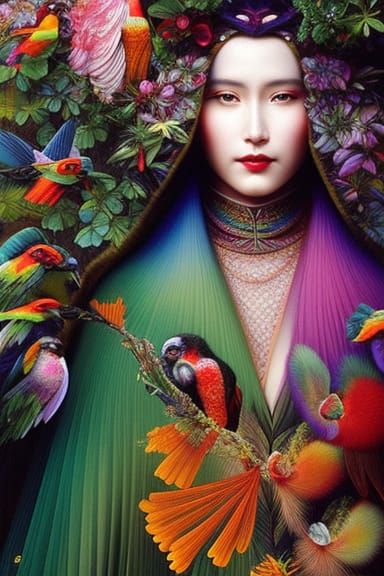 Parrot-Human Hybrid in Mycelium Network, Hyperrealistic Art