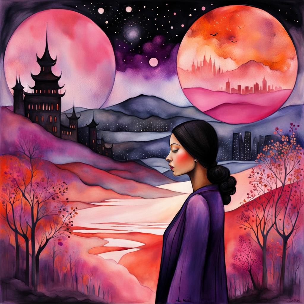 Woman in City and Landscape: Digital Watercolor Illustration