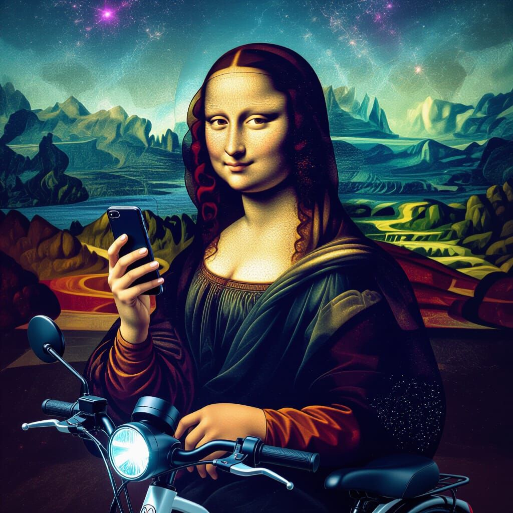 Mona Lisa on Ebike: Holographic Astral Illustration
