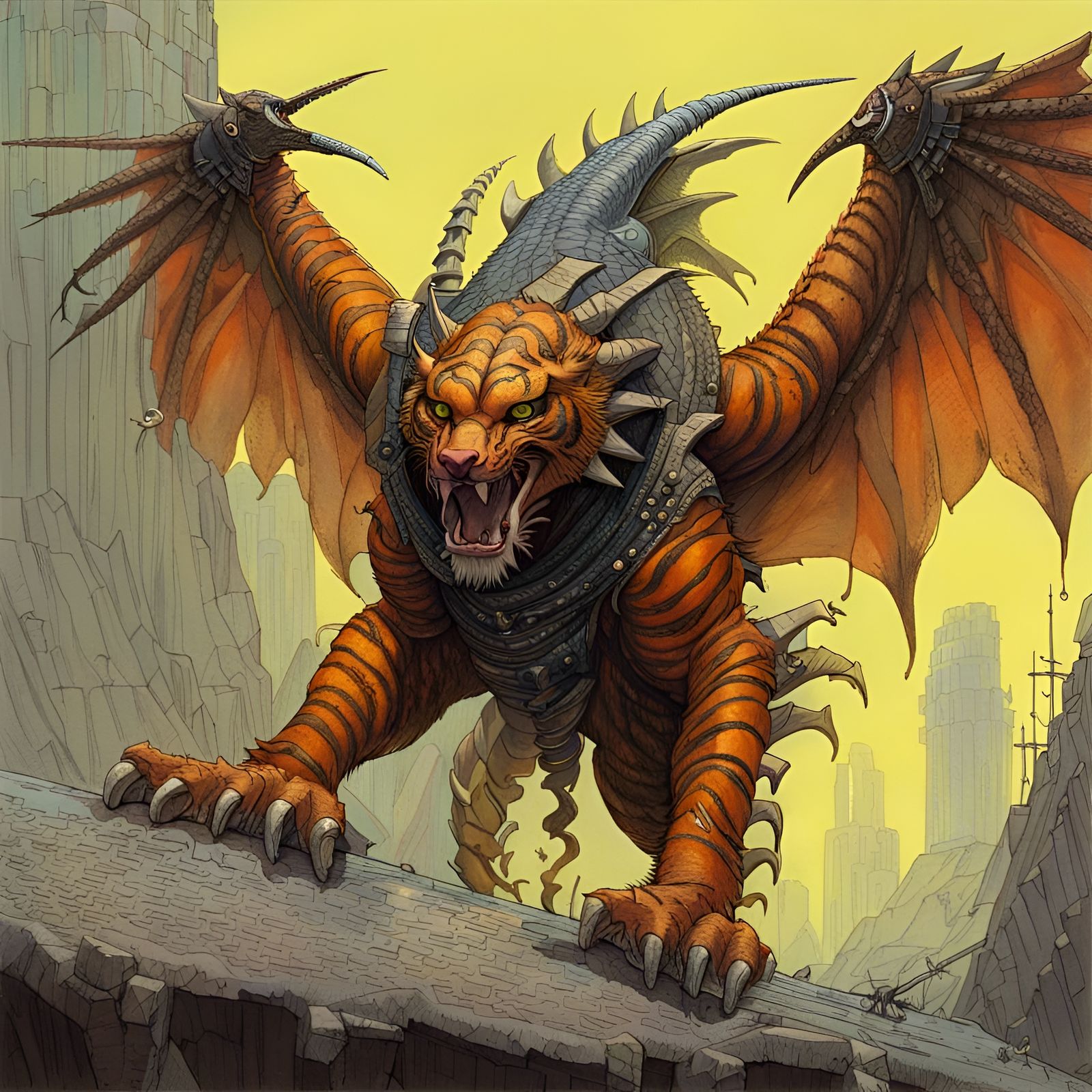 Tiger-Hawk-Orc-Dragon Hybrid in Acrylic Ink Style