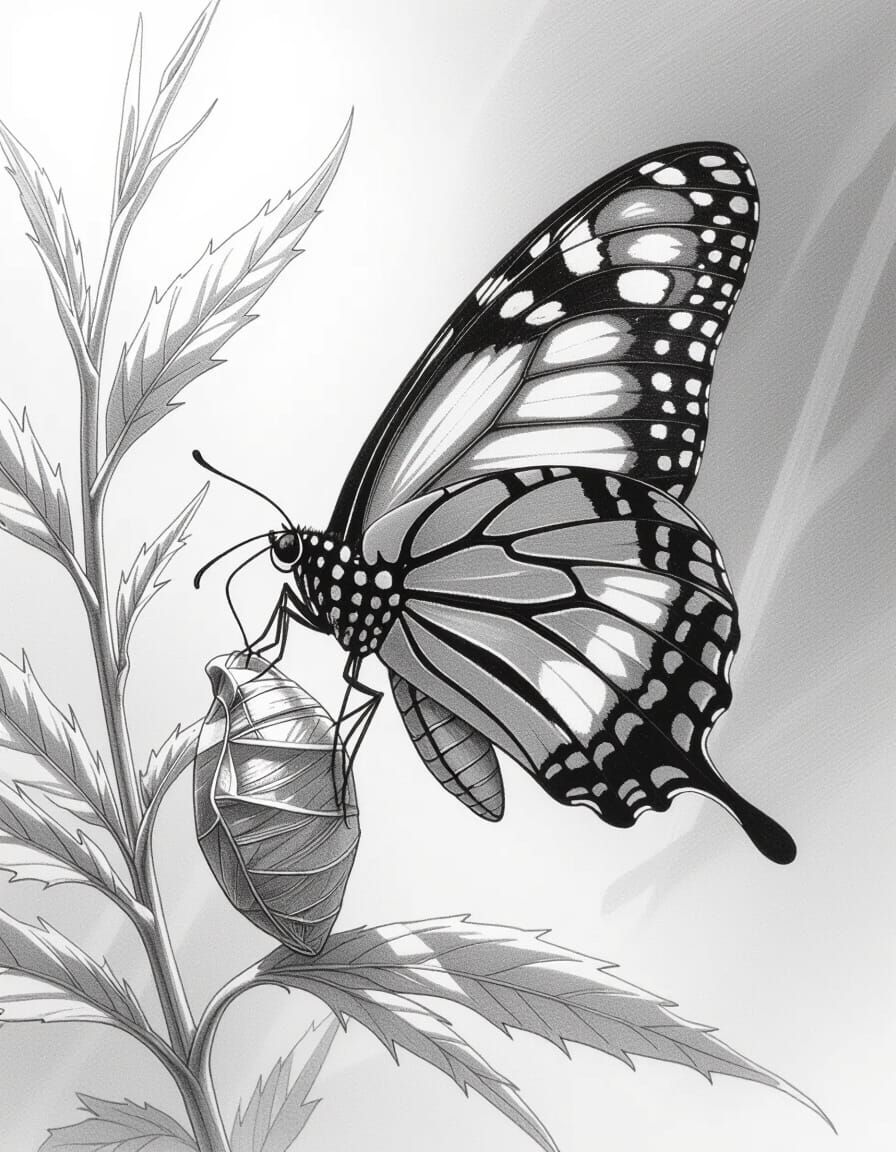 Butterfly Emerges From Chrysalis Pencil Drawing
