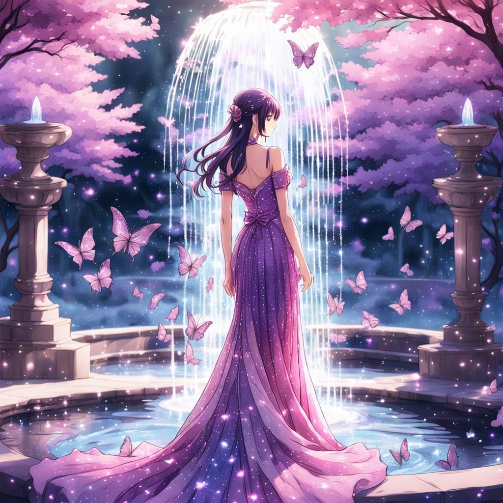 Anime Girl in Pink Gown Near Water Fountain