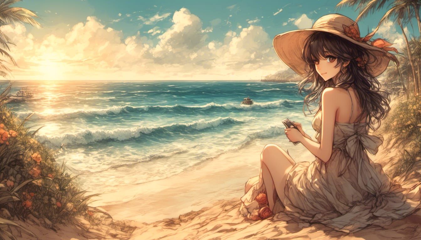 Stylized Manga Girl with Sun Hat on Beach