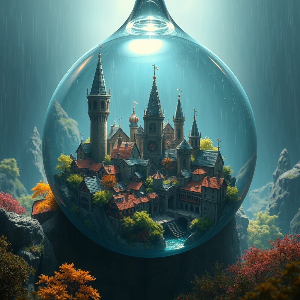 Medieval City Encased in Glistening Raindrop