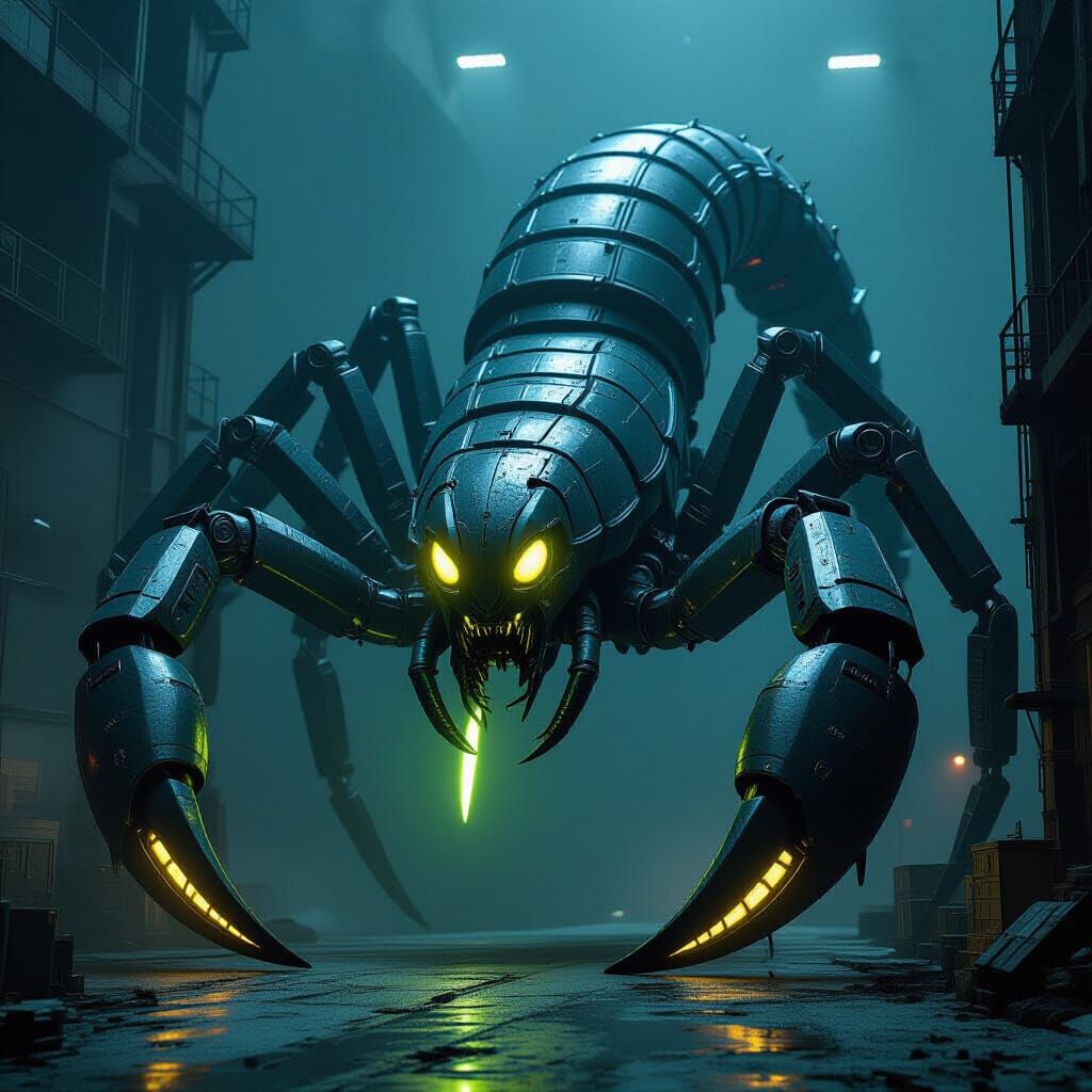 Giant Mechanical Scorpion in Dystopian Industrial Setting