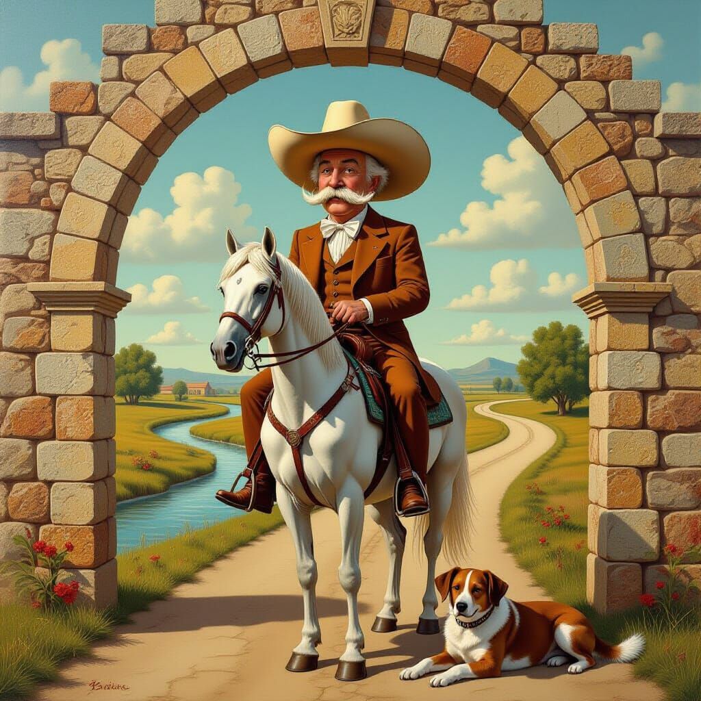 Surrealist Painting of Old Man on Horse Under Archway