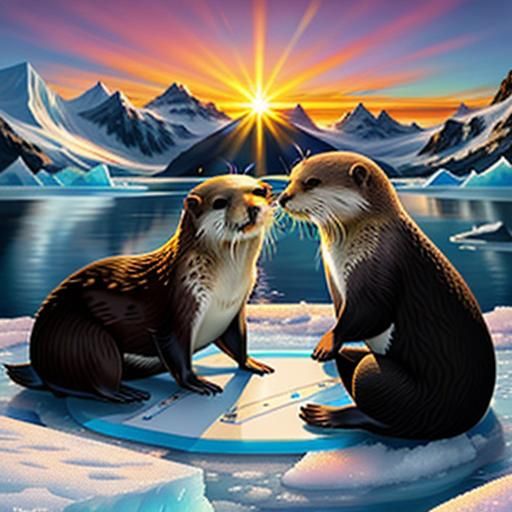 Otters Play Cards on Glacier at Sunrise