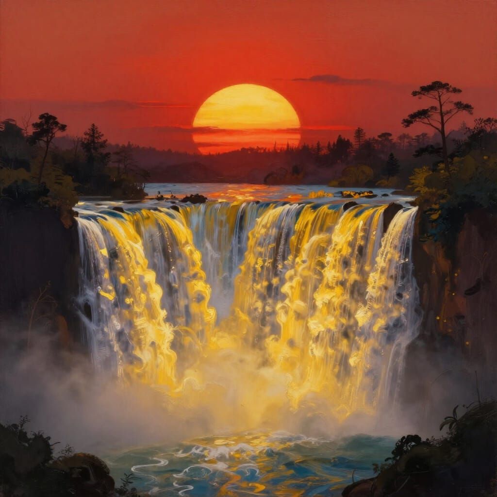Surreal Waterfall From Giant Sunset Over Sea