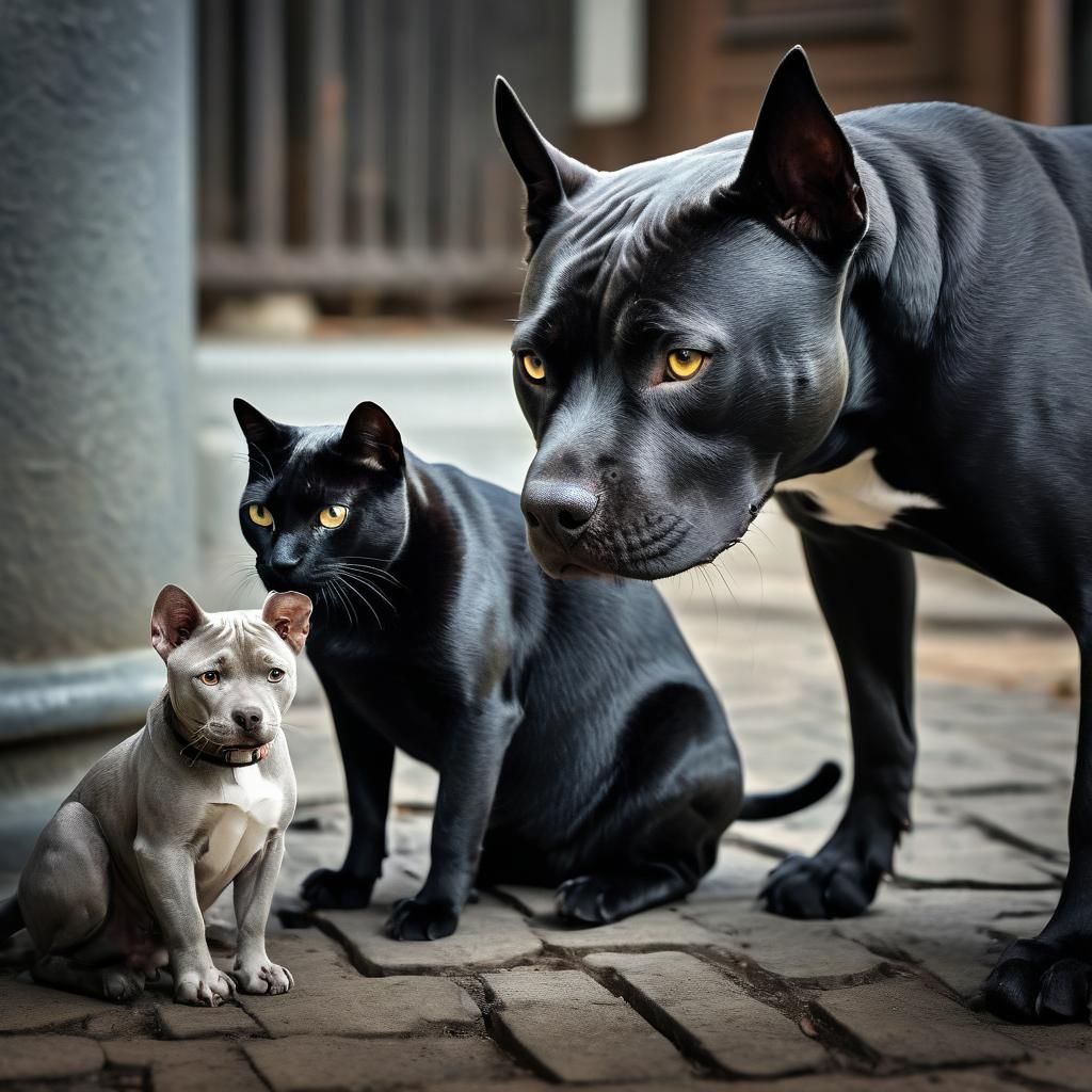 Black Cat Stares at White Pit Bull Mix