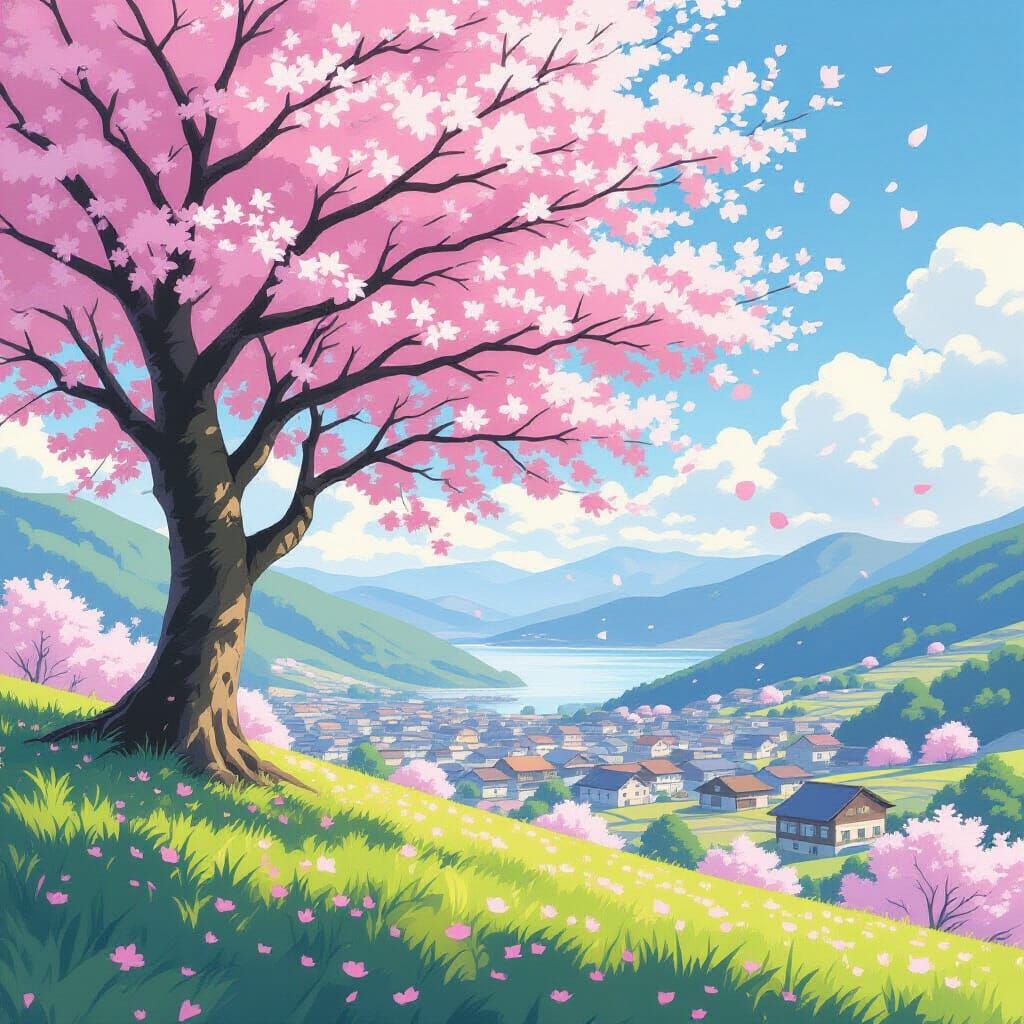 Cherry Blossom Tree Overlooking Village in Ghibli Style