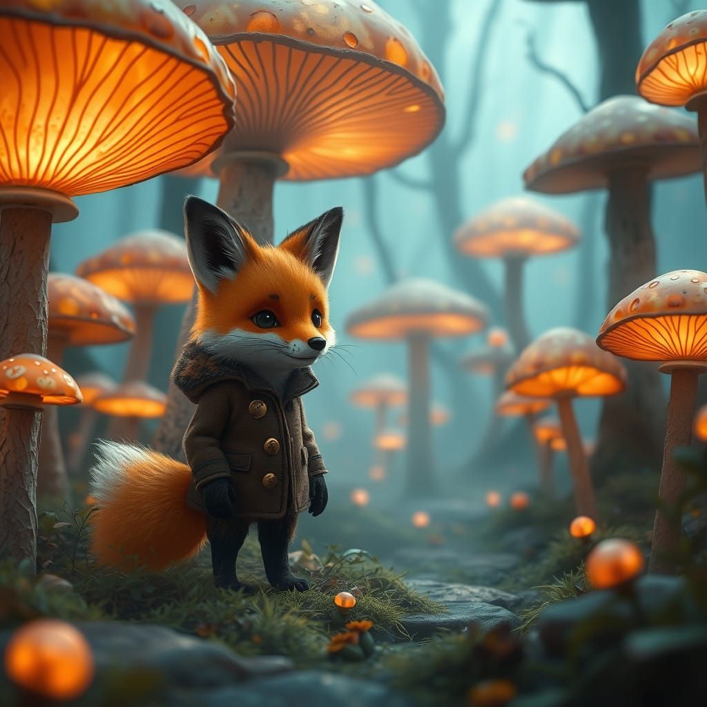 Whimsical Fox in Lantern Mushroom Forest