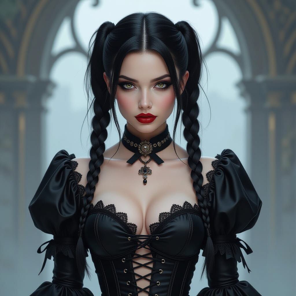 Goth Woman with Braided Pigtails in Corset