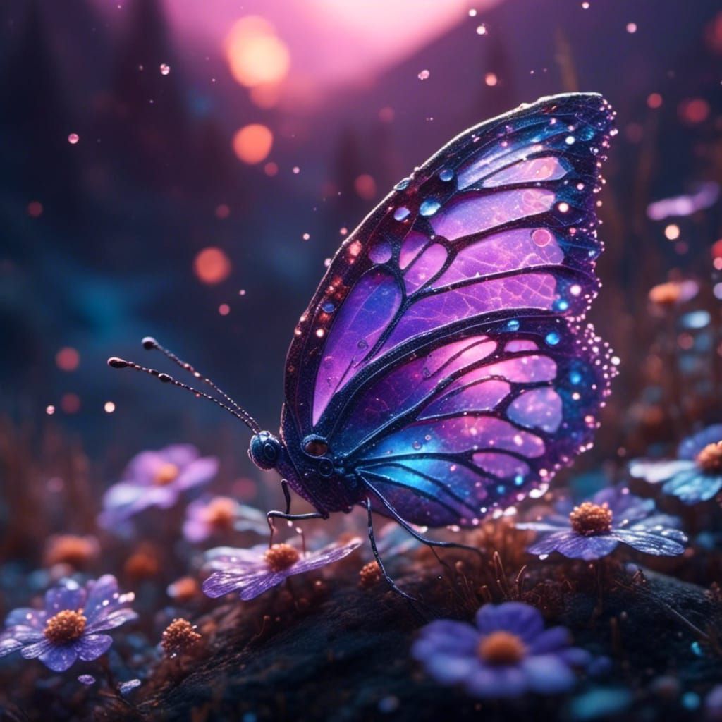 Translucent Purple Butterfly on Iridescent Flower