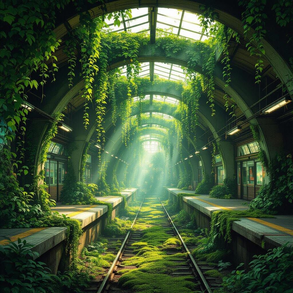 Lush Vegetation Transforms Metro Station in Digital Painting