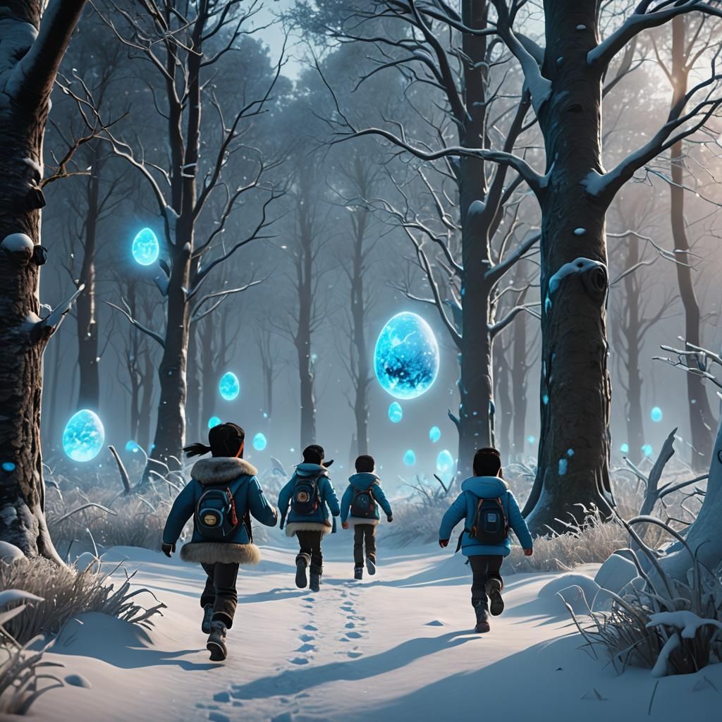 Children Play in Bioluminescent Arctic Forest