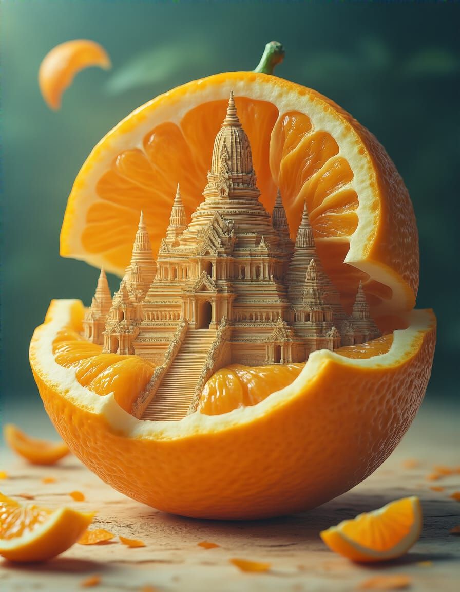 Temple City Emerges from an Orange: Surreal Scene