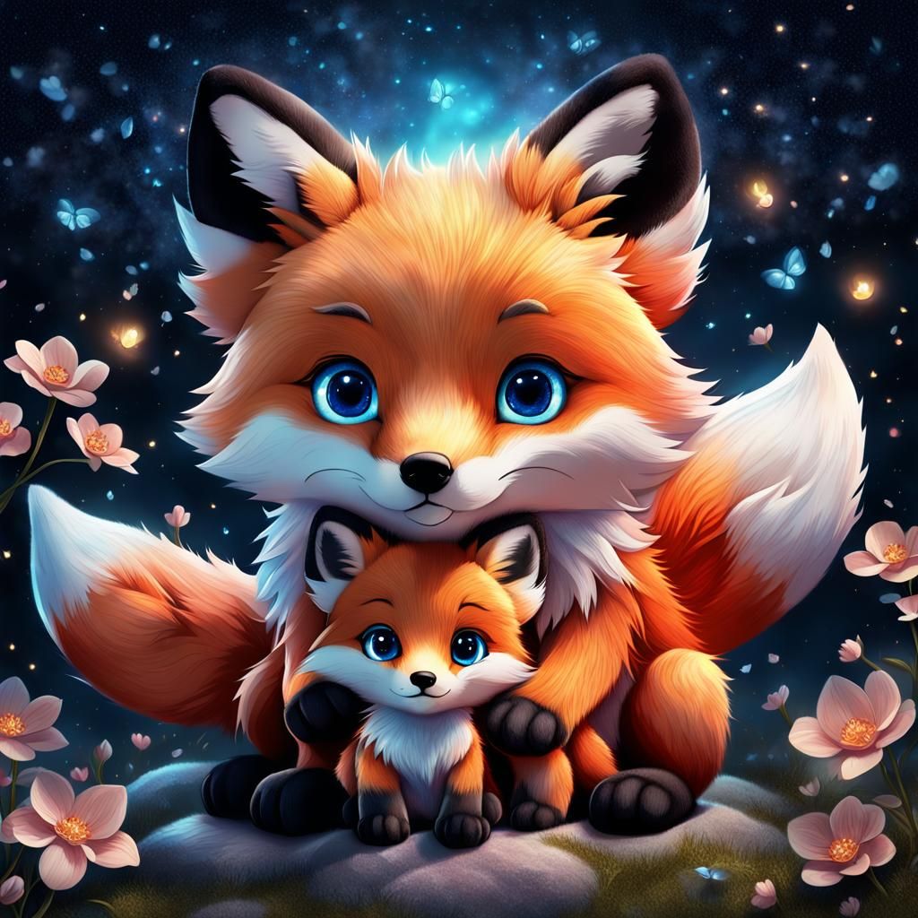 Cute Fox Hugging Plushie in Enchanting Night