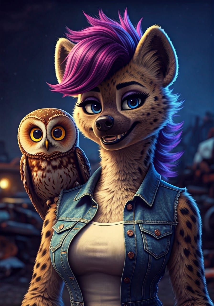 Vibrant Owl Perched on Furry She-Hyena's Shoulder in Cyberpu...