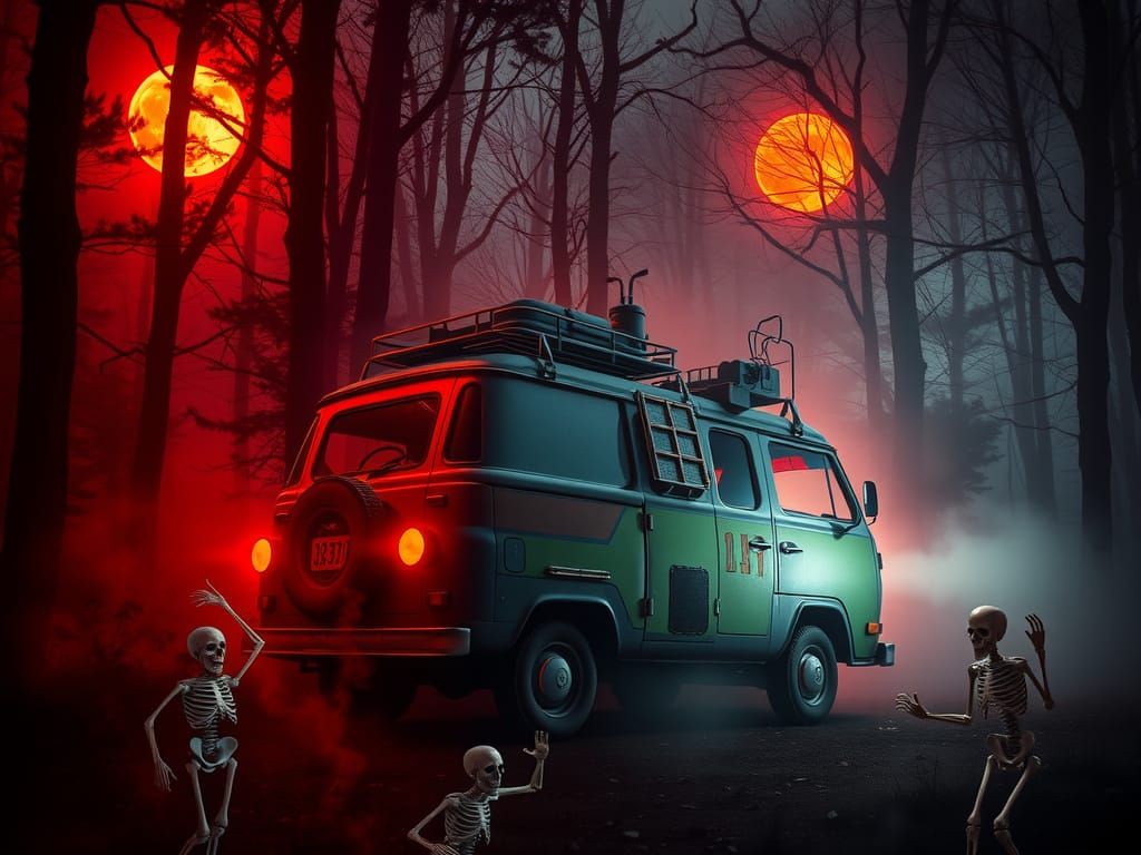 Scooby Doo's Mystery Machine in a Haunted Forest
