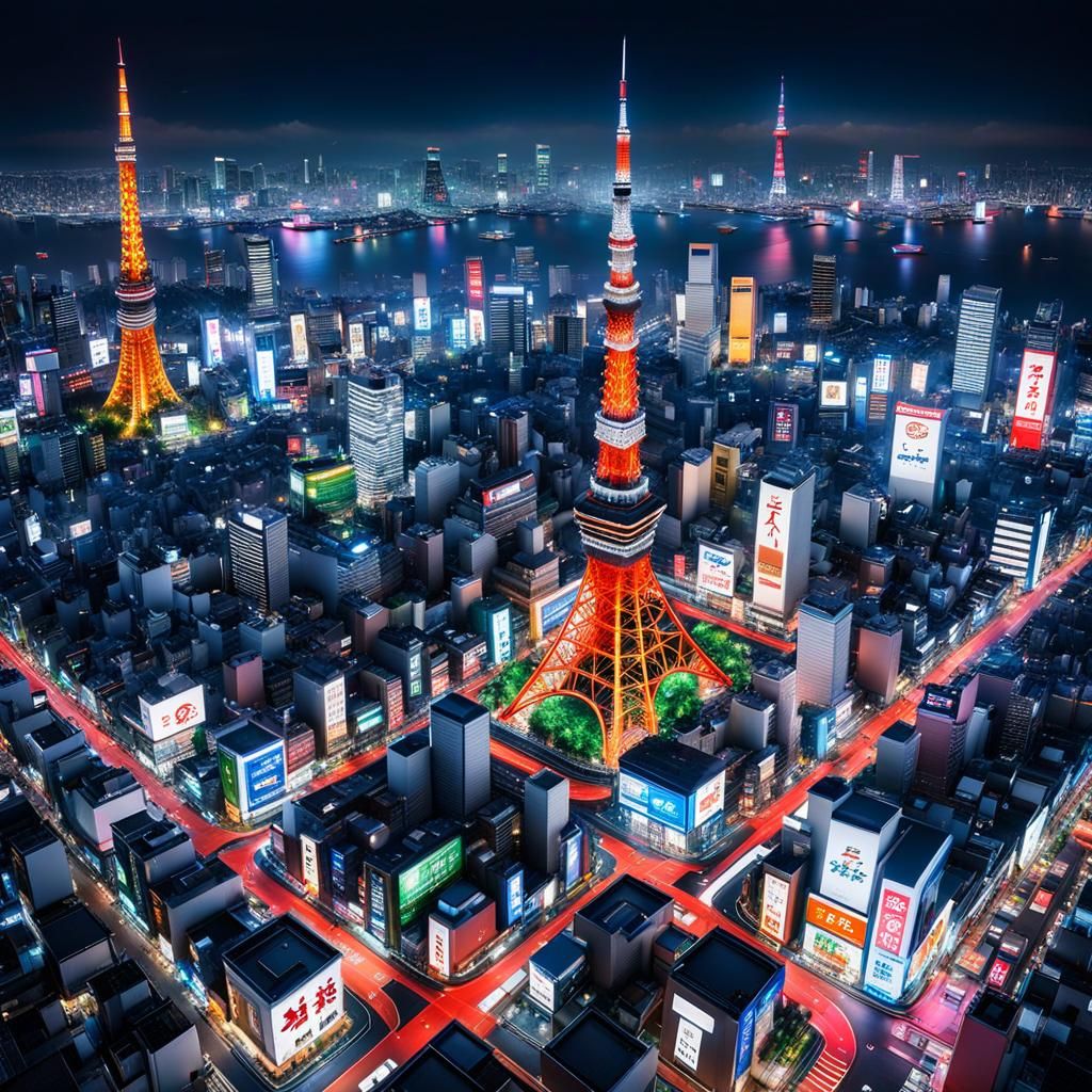 16k, realistic, intricate details, Design a breathtaking aerial view of an iconic nighttime skyline featuring , the Toky...