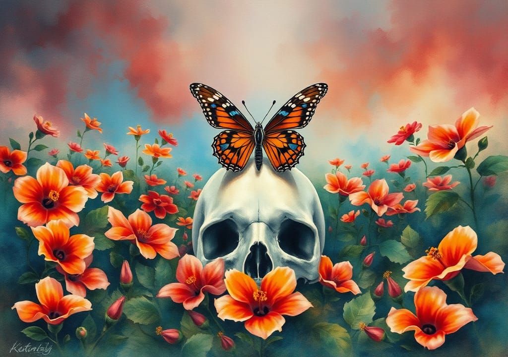 Butterfly on Skull in Hibiscus Field Watercolor