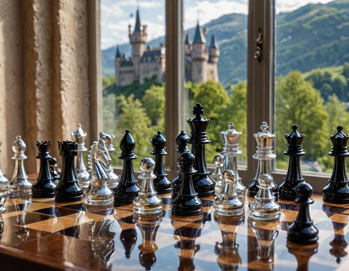 photorealistic still life macro shot of transparent chess pieces mixed with reflective chrome chess pieces, scattered on...