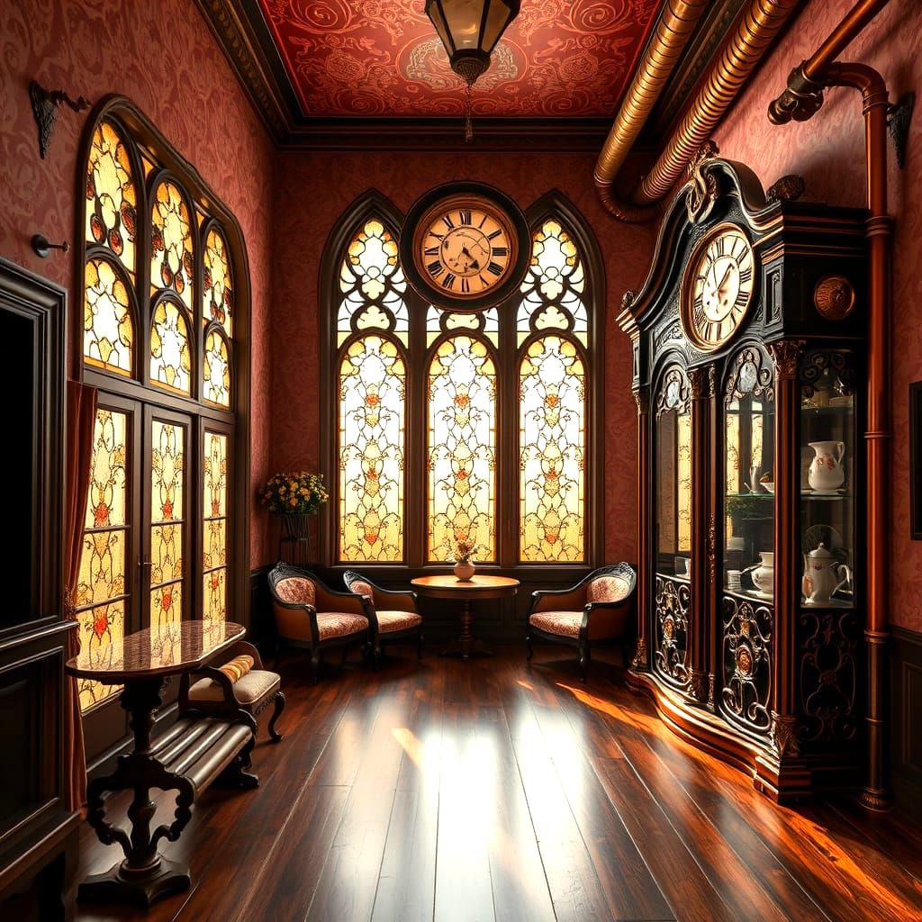 Gothic Steampunk Room with Opulent Art Nouveau China Cabinet