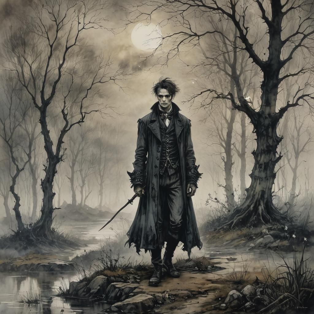 Gothic Man in Foggy Land, Arthur Rackham Style