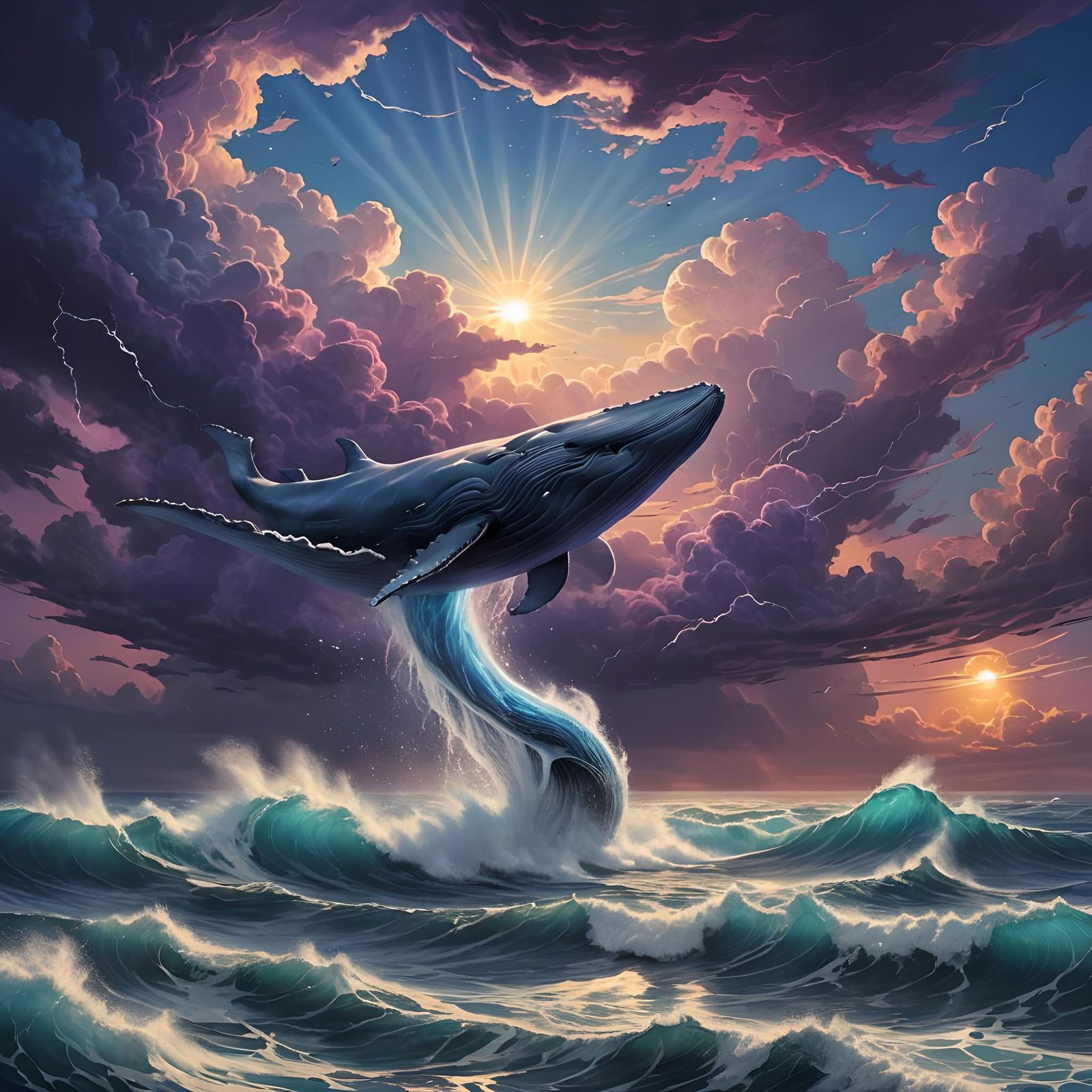 Blue Whale Soaring Through Stormy Sunset Sky