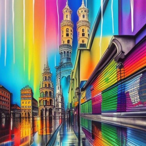 Colorful Munich Cityscape with Rainbow in Graffiti Art
