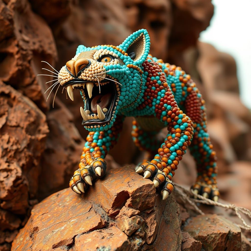 Beaded Sabertooth Cat Figurine on Rocky Ledge