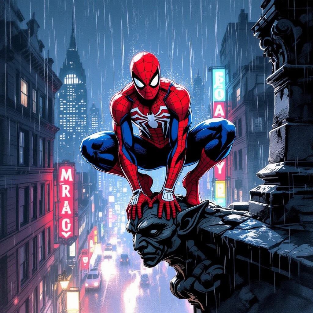 Spider-Man on Gargoyle in Neon City Night