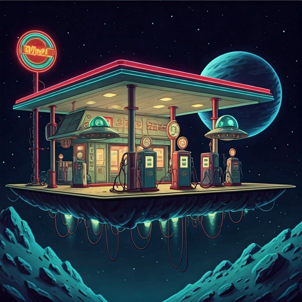 Retro Cartoon: Floating Gas Station in Space