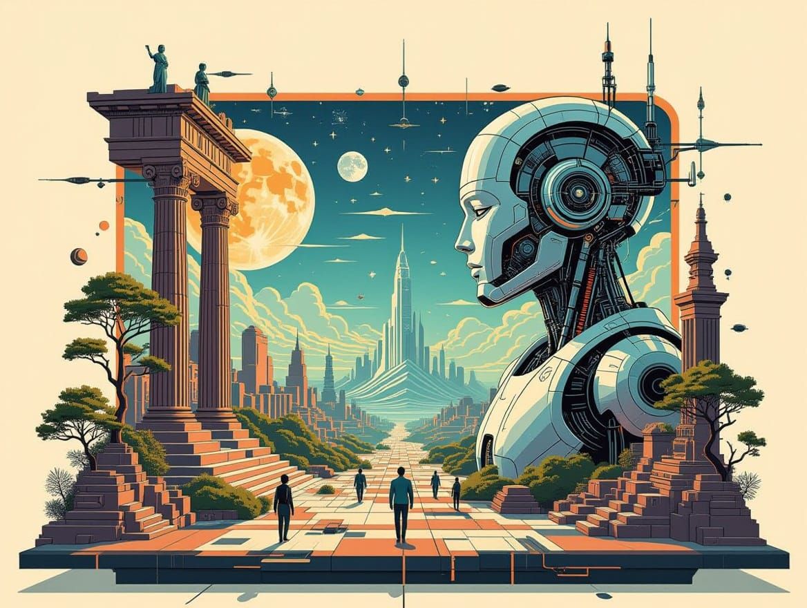 AI History Diorama in Retrofuturistic Cyberpunk Style